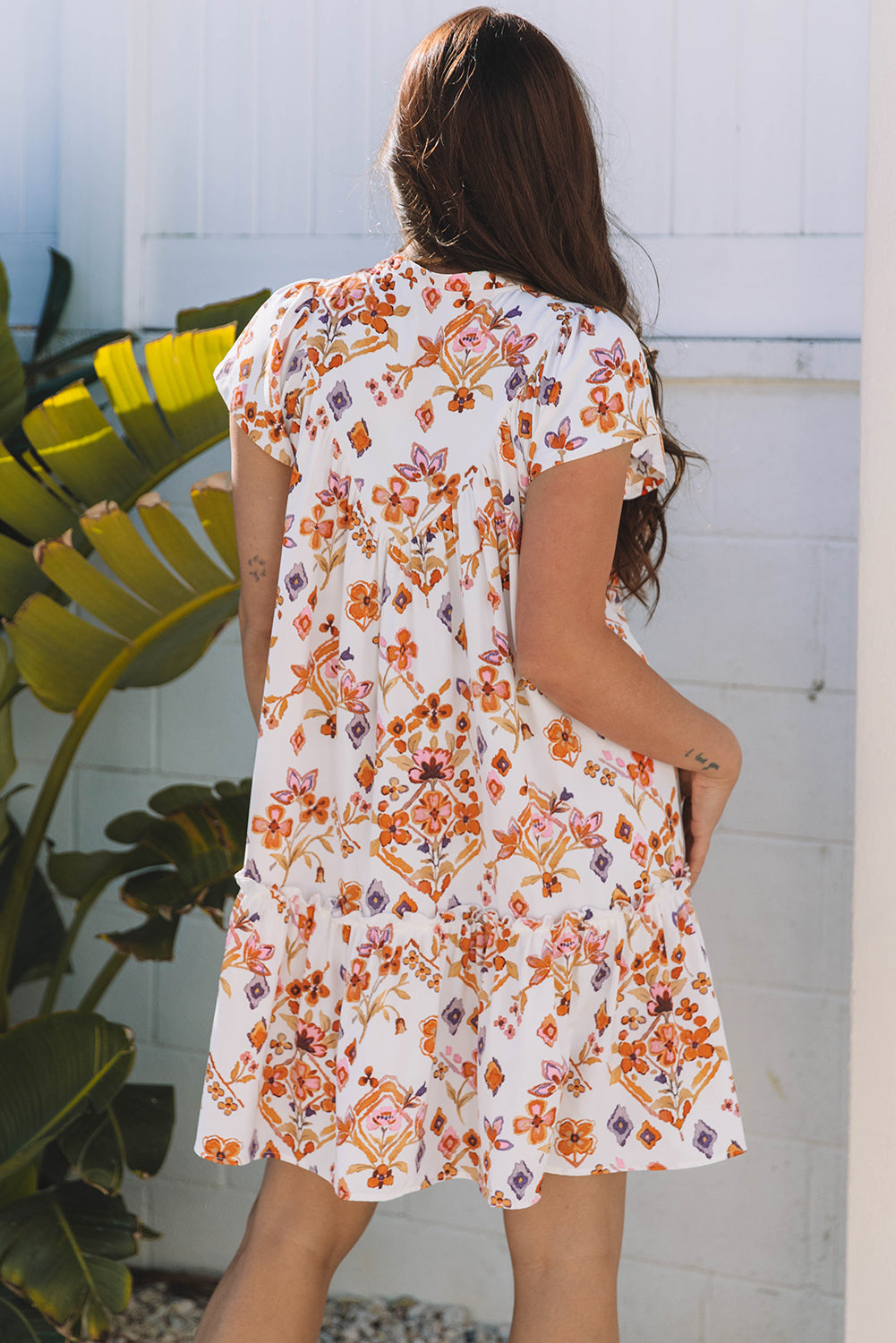 Apricot Floral Geometric Print Ruffled Trim Flutter Sleeve Mini Dress