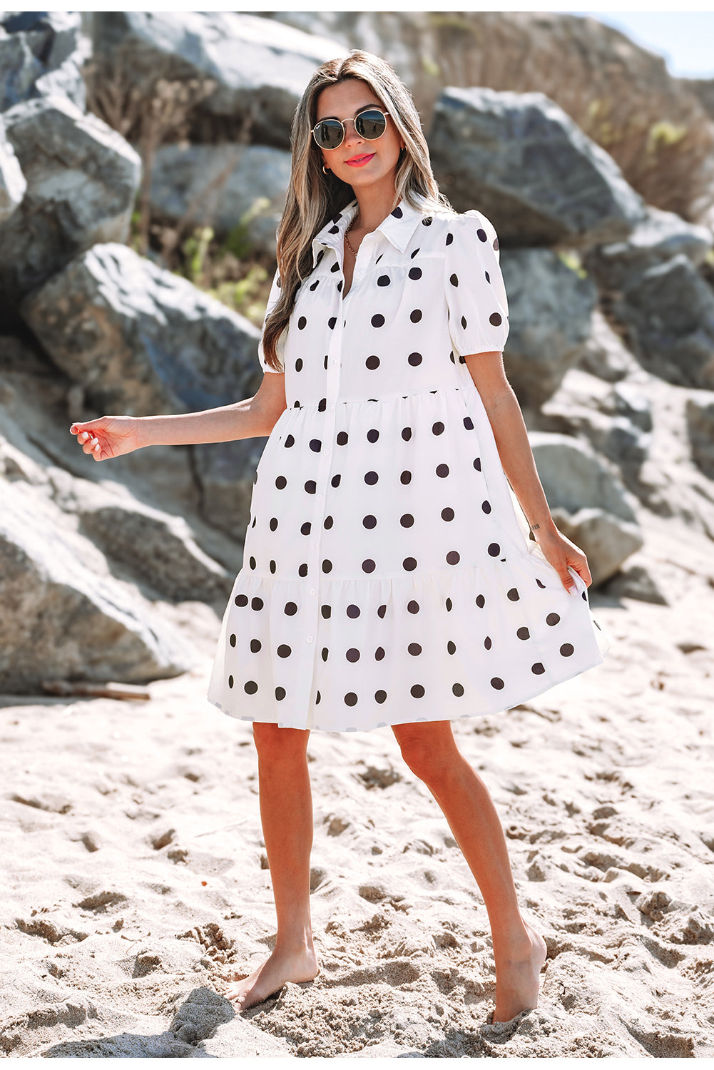 White Polka Dot Print Short Sleeve Collar Buttoned Tiered Babydoll Dress