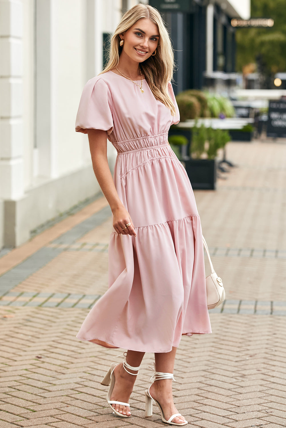 Pink Puff Sleeve Pleated High Waist Flowy Midi Dress