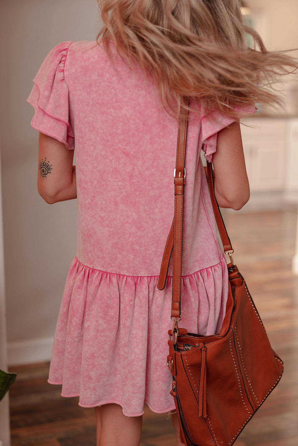 Sachet Pink Mineral Wash Raw Edge Ruffle Mini Dress