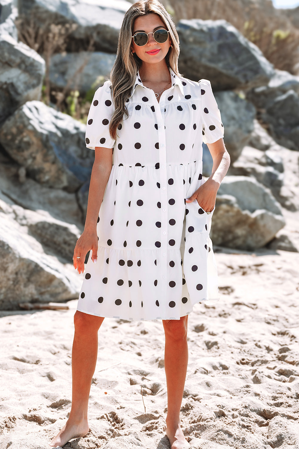 White Polka Dot Print Short Sleeve Collar Buttoned Tiered Babydoll Dress