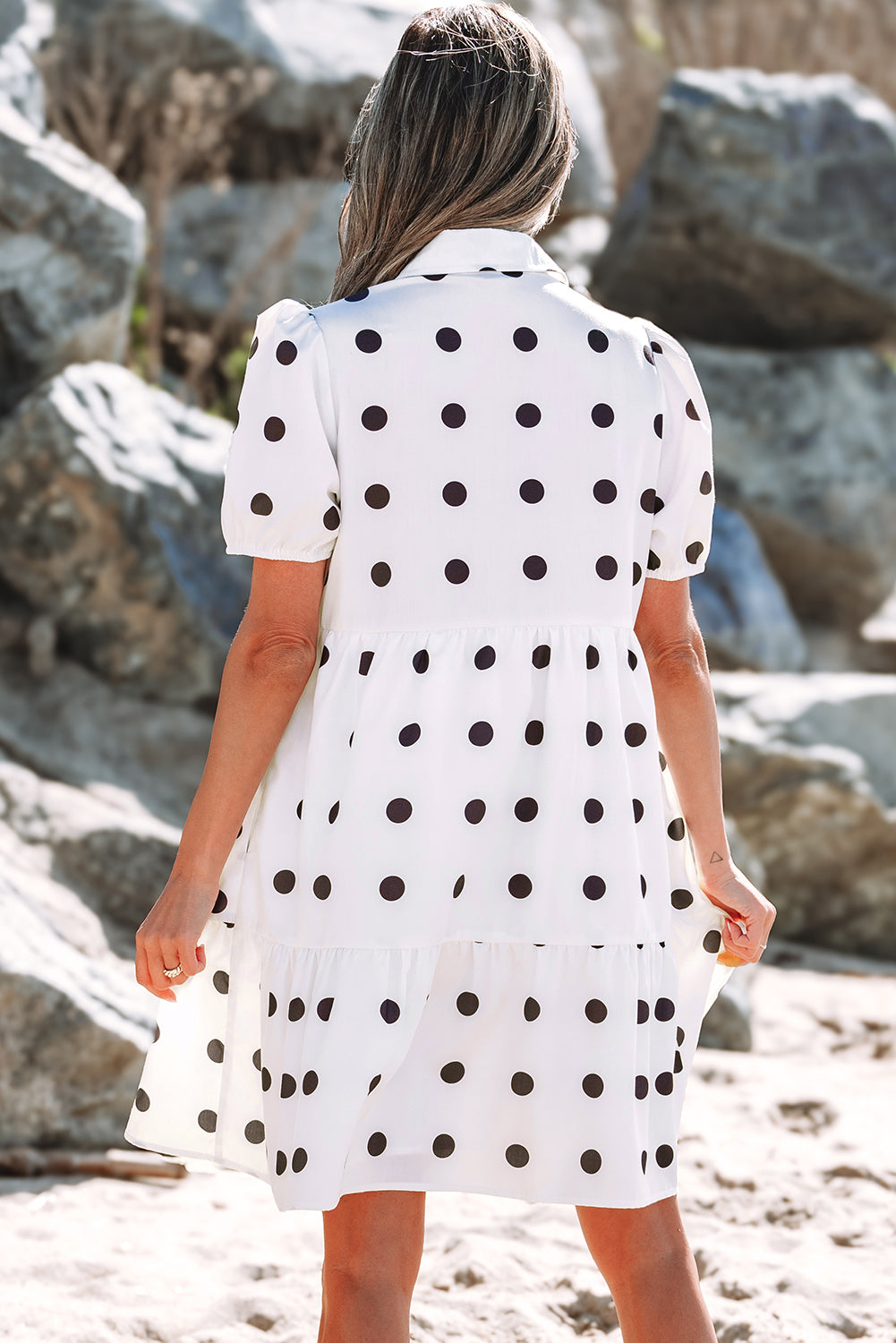 White Polka Dot Print Short Sleeve Collar Buttoned Tiered Babydoll Dress