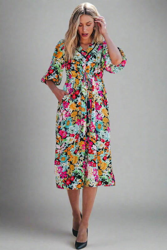 Green Floral Puff Sleeve V Neck Tassel Drawstring Dress