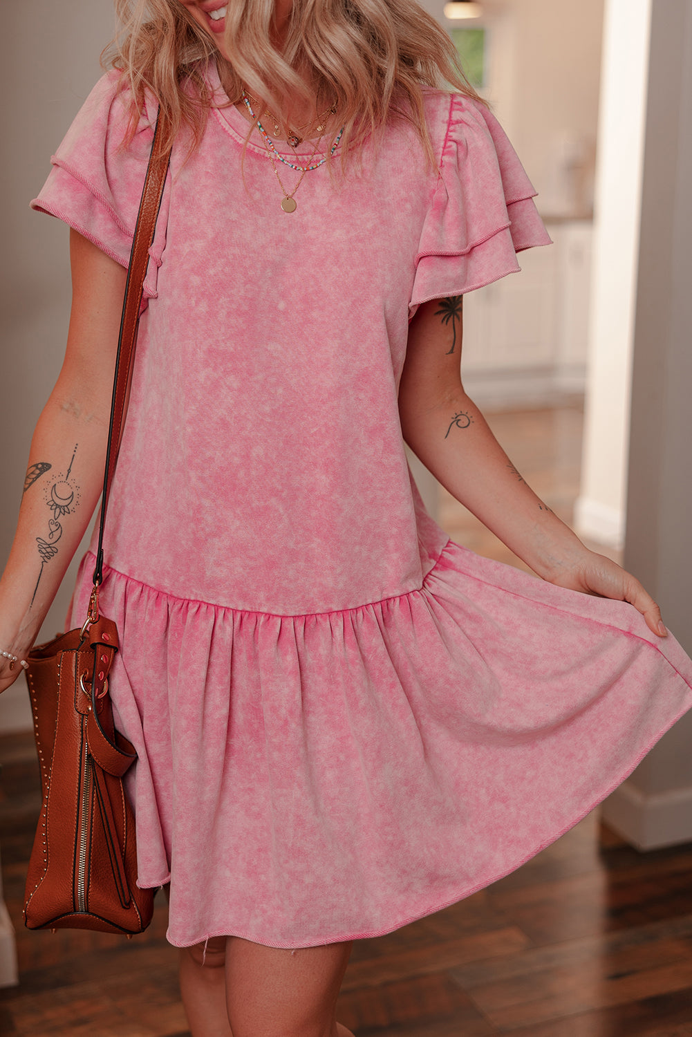 Sachet Pink Mineral Wash Raw Edge Ruffle Mini Dress
