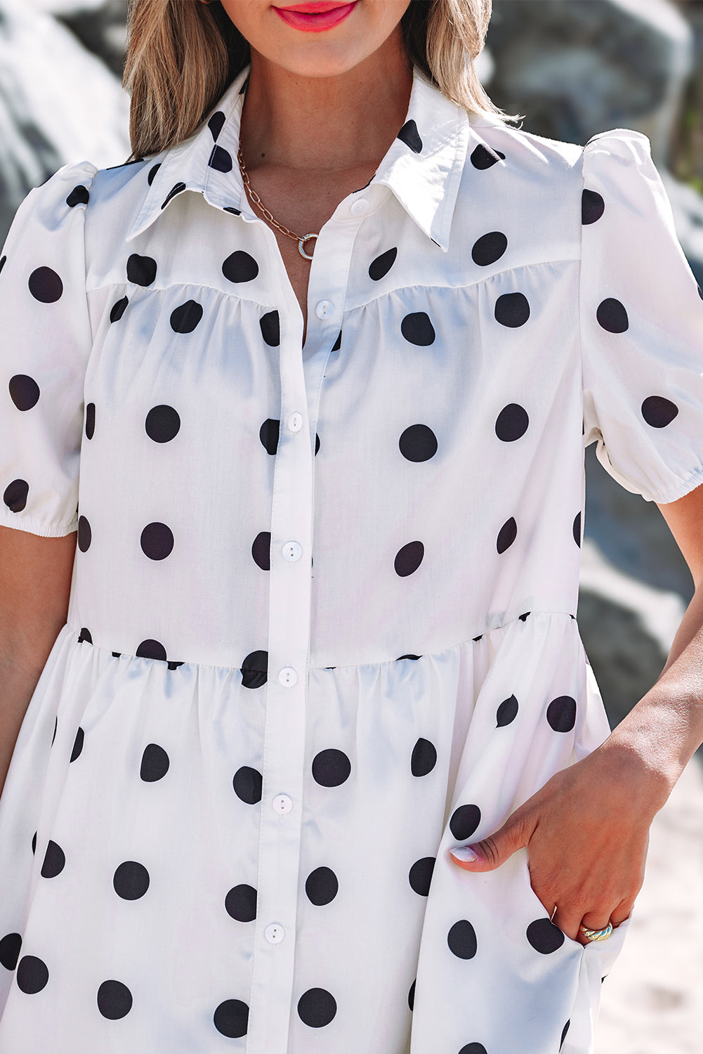 White Polka Dot Print Short Sleeve Collar Buttoned Tiered Babydoll Dress