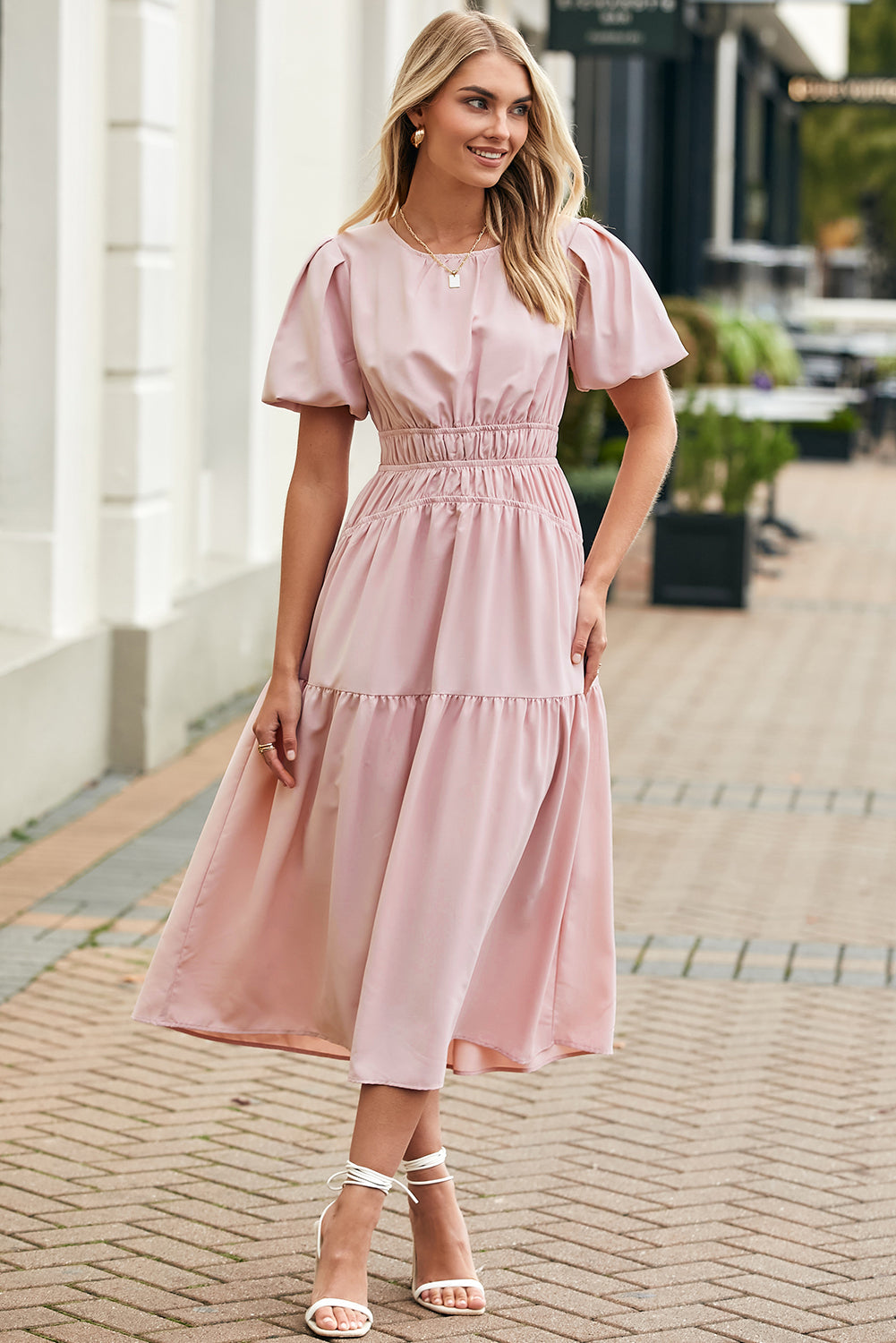 Pink Puff Sleeve Pleated High Waist Flowy Midi Dress